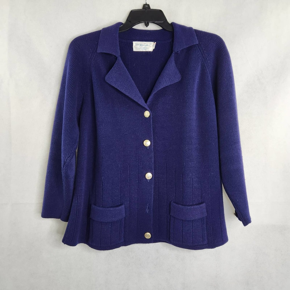Vintage Lady Merville Women 42 Blue Cardigan Sweater Knit Pockets Button Acrylic